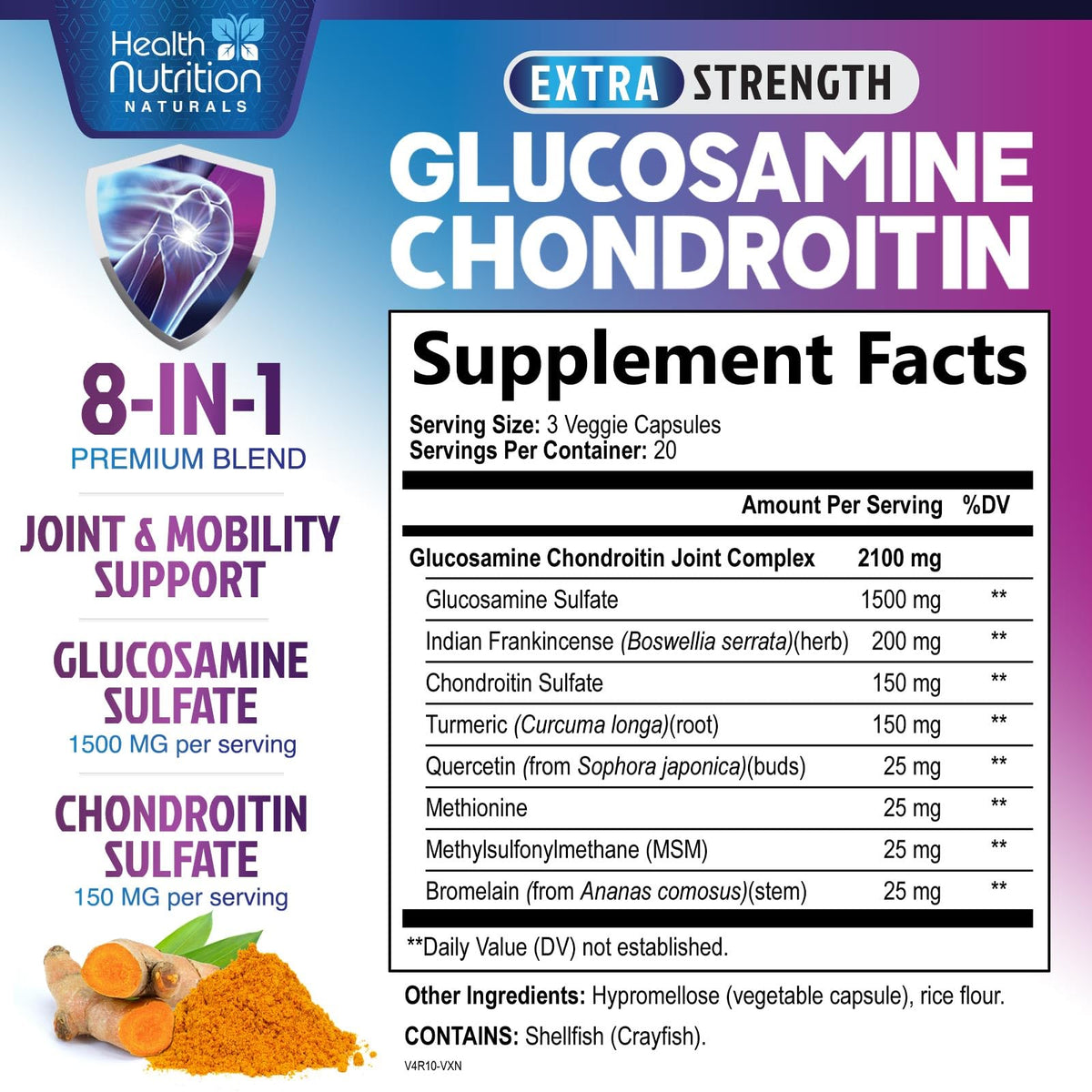 Glucosamine Chondroitin MSM Turmeric Boswellia 60 Capsules E163