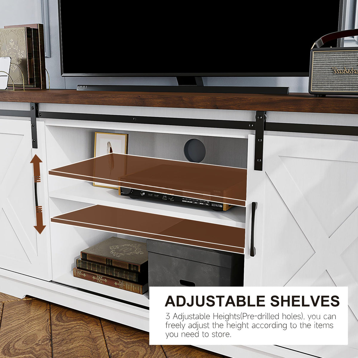 Farmhouse TV Stand with Sliding Barn Doors, White & Brown O339