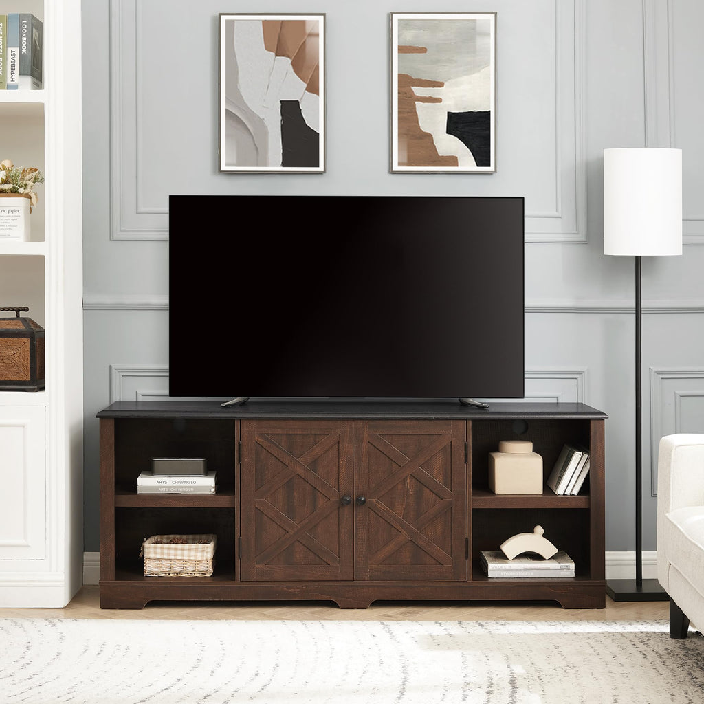 Espresso and Black TV Media Stand with Open Shelves and Closed Cabinets O117
