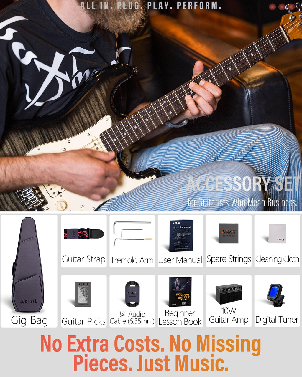 Beginner Electric Guitar Kit with 10W Amp, HSS Pickups, Gig Bag, Tuner, Strap, Picks, Black H5326