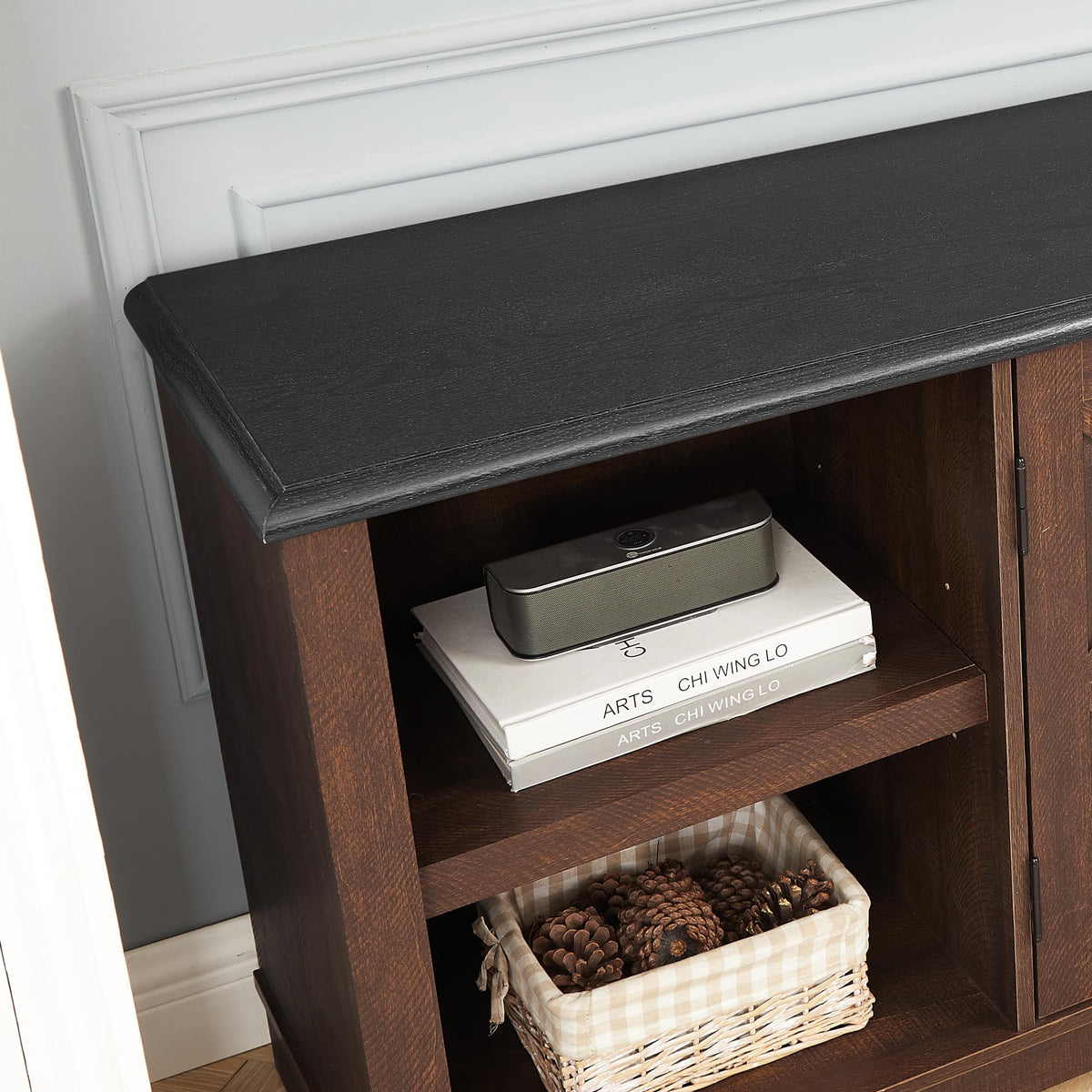 Espresso and Black TV Media Stand with Open Shelves and Closed Cabinets O117