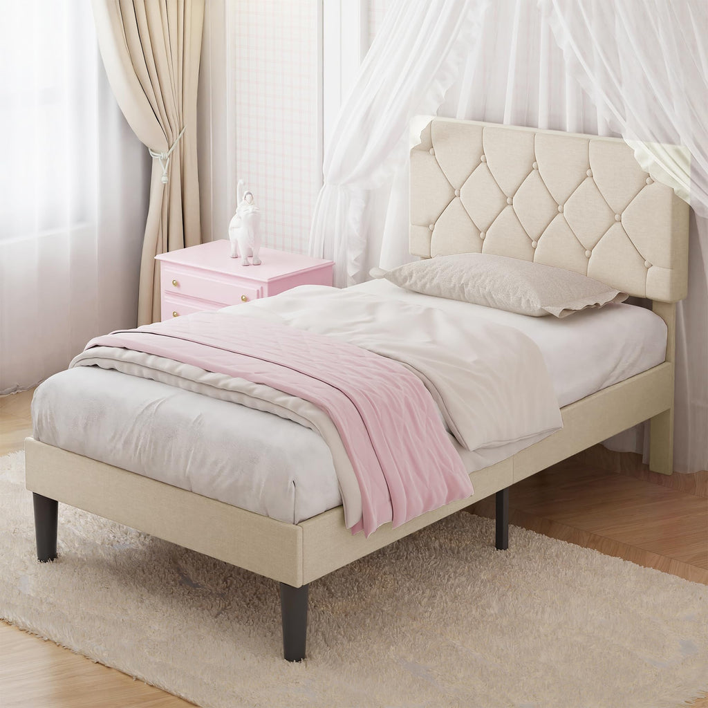 Twin Bed Frame with Upholstered Tufted Headboard, Beige Y344