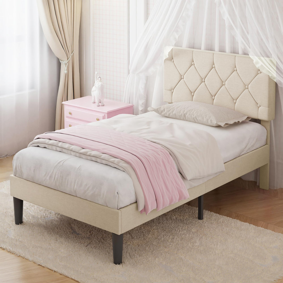 Twin Bed Frame with Upholstered Tufted Headboard, Beige Y344