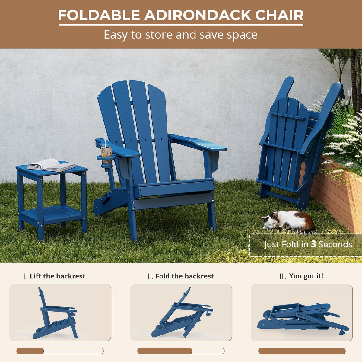 Folding Adirondack Chairs Set of 4 Blue HDPE Plastic A688798