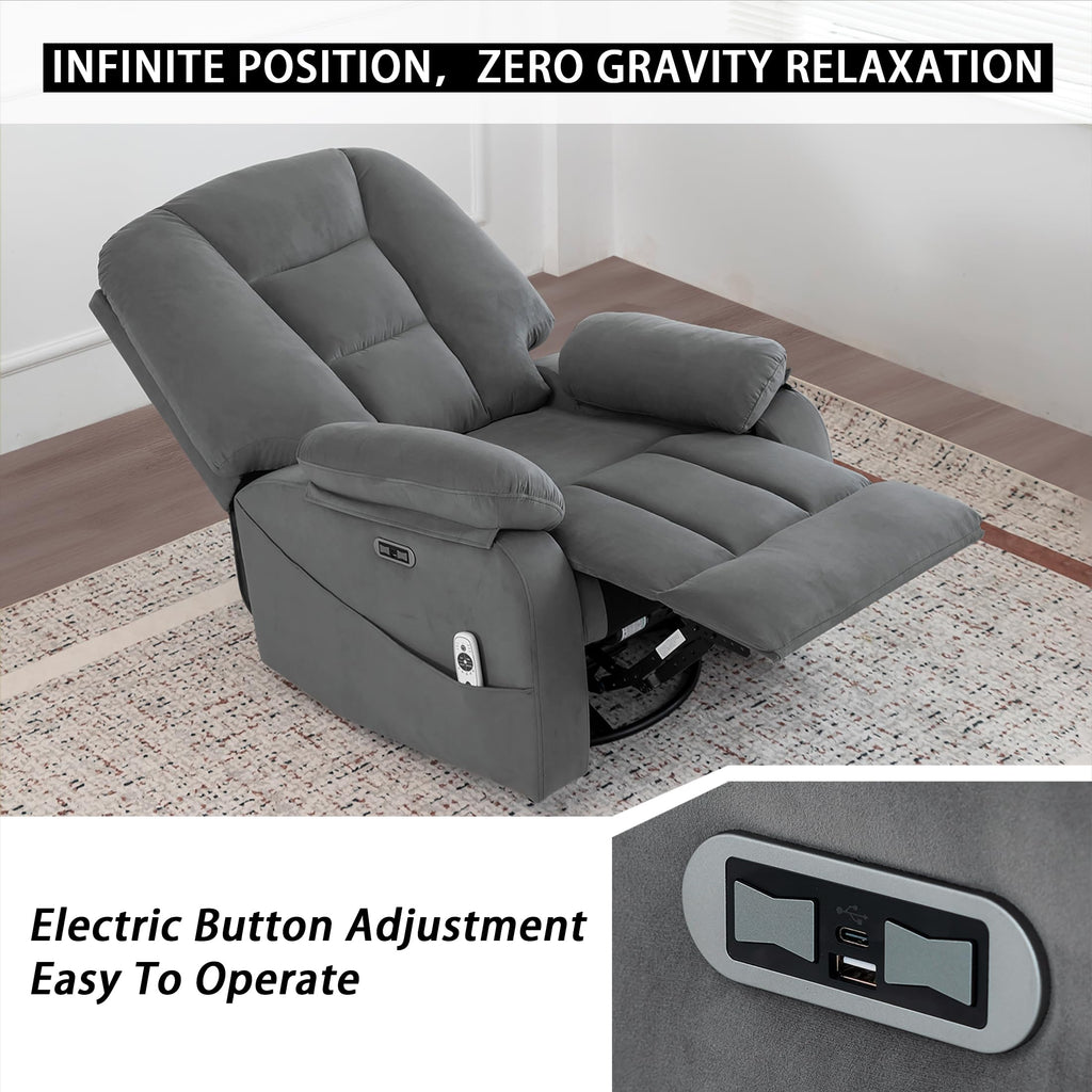 Velvet Grey Power Swivel Rocker Recliner with Massage and Heat C63667