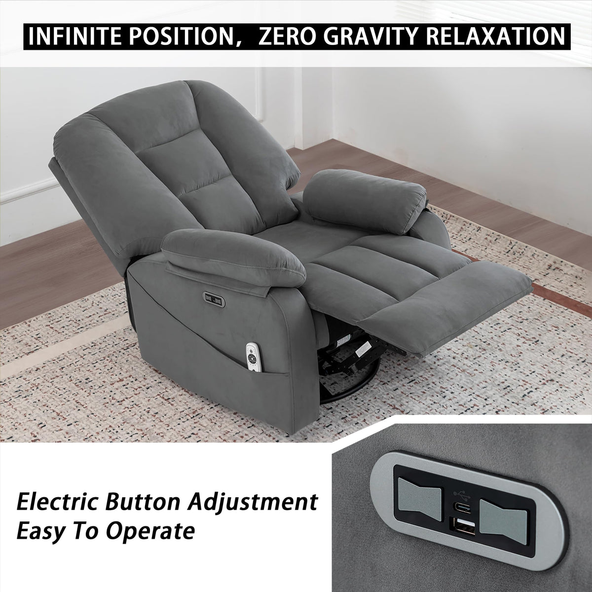 Velvet Grey Power Swivel Rocker Recliner with Massage and Heat C63667