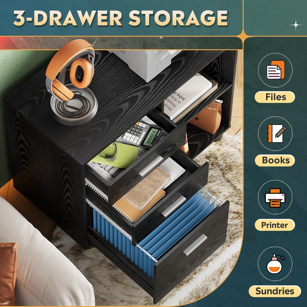 Wood 3 Drawer Black File Cabinet A7479