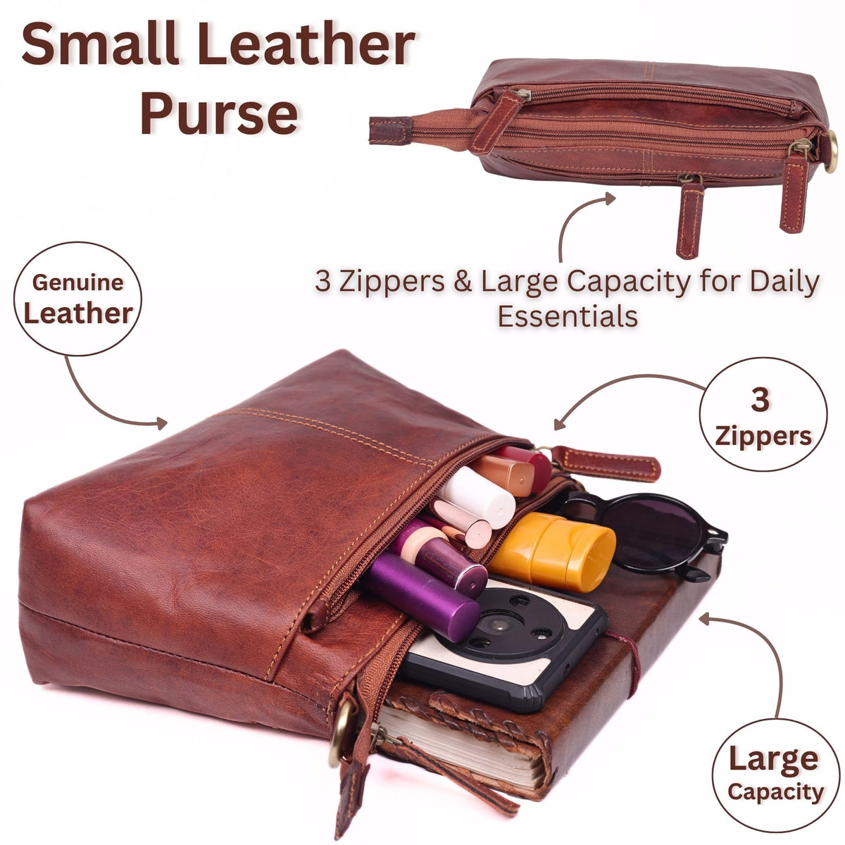 Small Genuine Leather Crossbody Bag with 3 Zipper Pockets Q177983