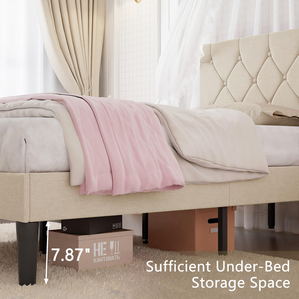 Twin Bed Frame with Upholstered Tufted Headboard, Beige Y344