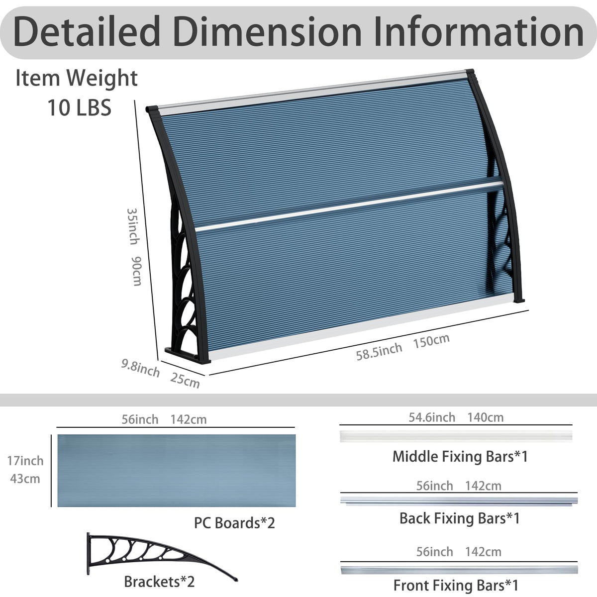 58.5x35 Inch Polycarbonate Patio Awning F148203