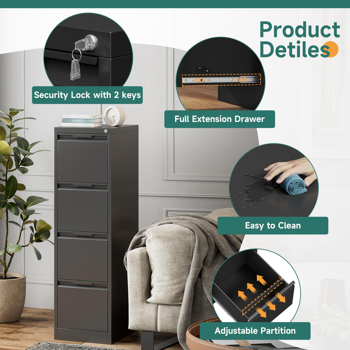 4 Drawer Metal File Cabinet with Lock Y5953