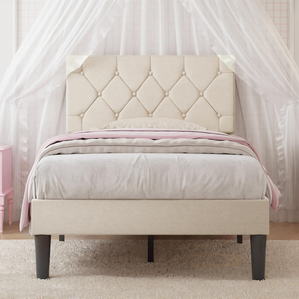 Twin Bed Frame with Upholstered Tufted Headboard, Beige Y344