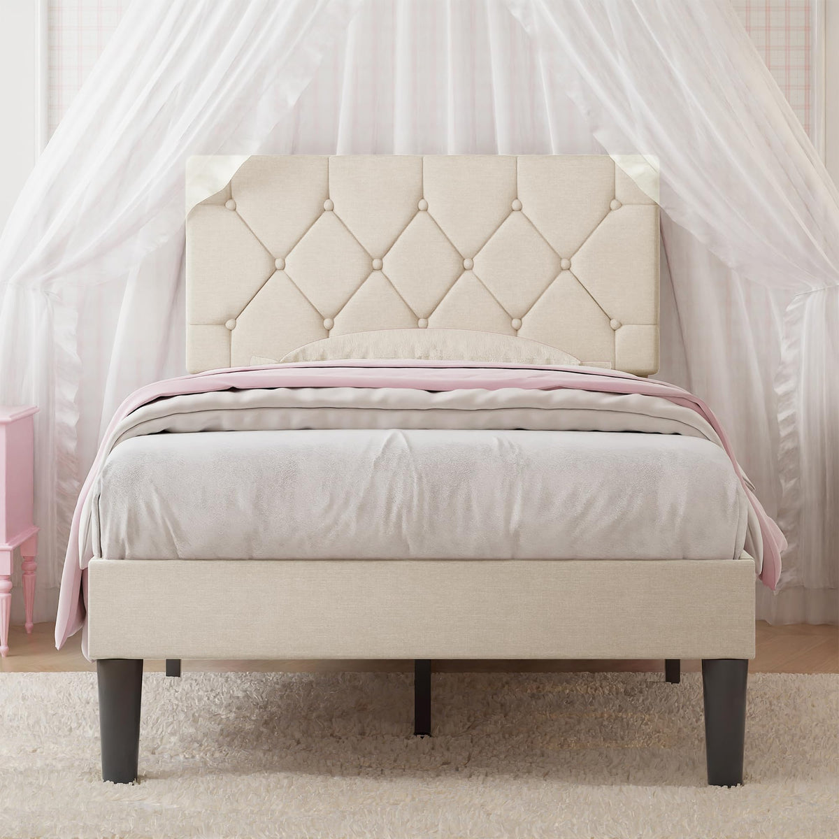 Twin Bed Frame with Upholstered Tufted Headboard, Beige Y344