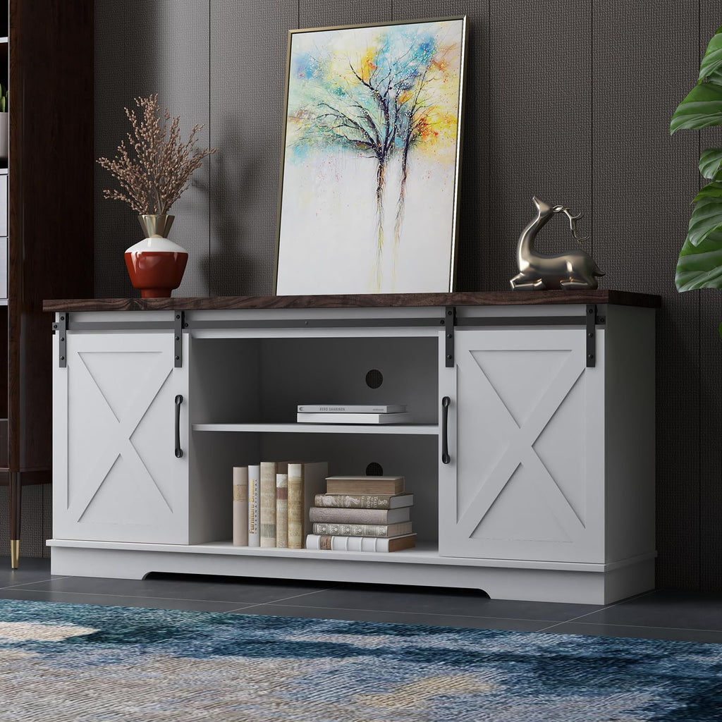 Farmhouse TV Stand with Sliding Barn Doors, White & Brown O339