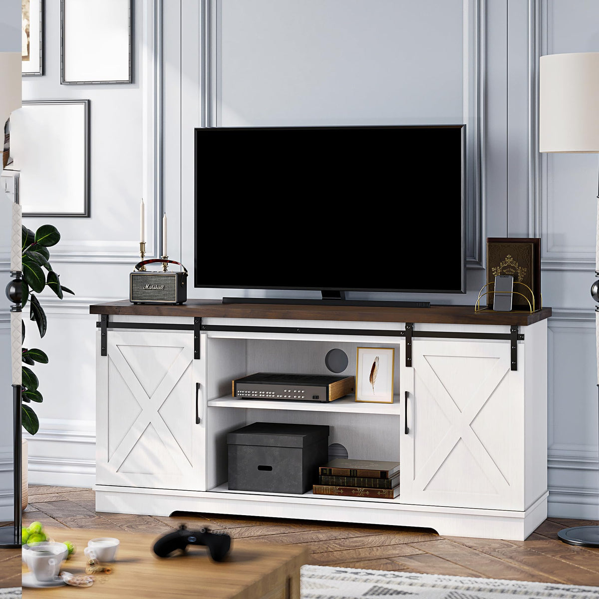 Farmhouse TV Stand with Sliding Barn Doors, White & Brown O339