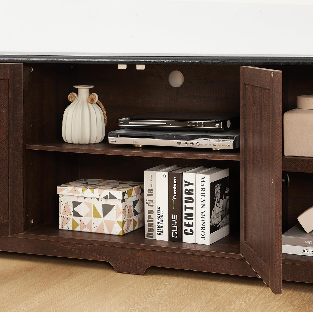 Espresso and Black TV Media Stand with Open Shelves and Closed Cabinets O117