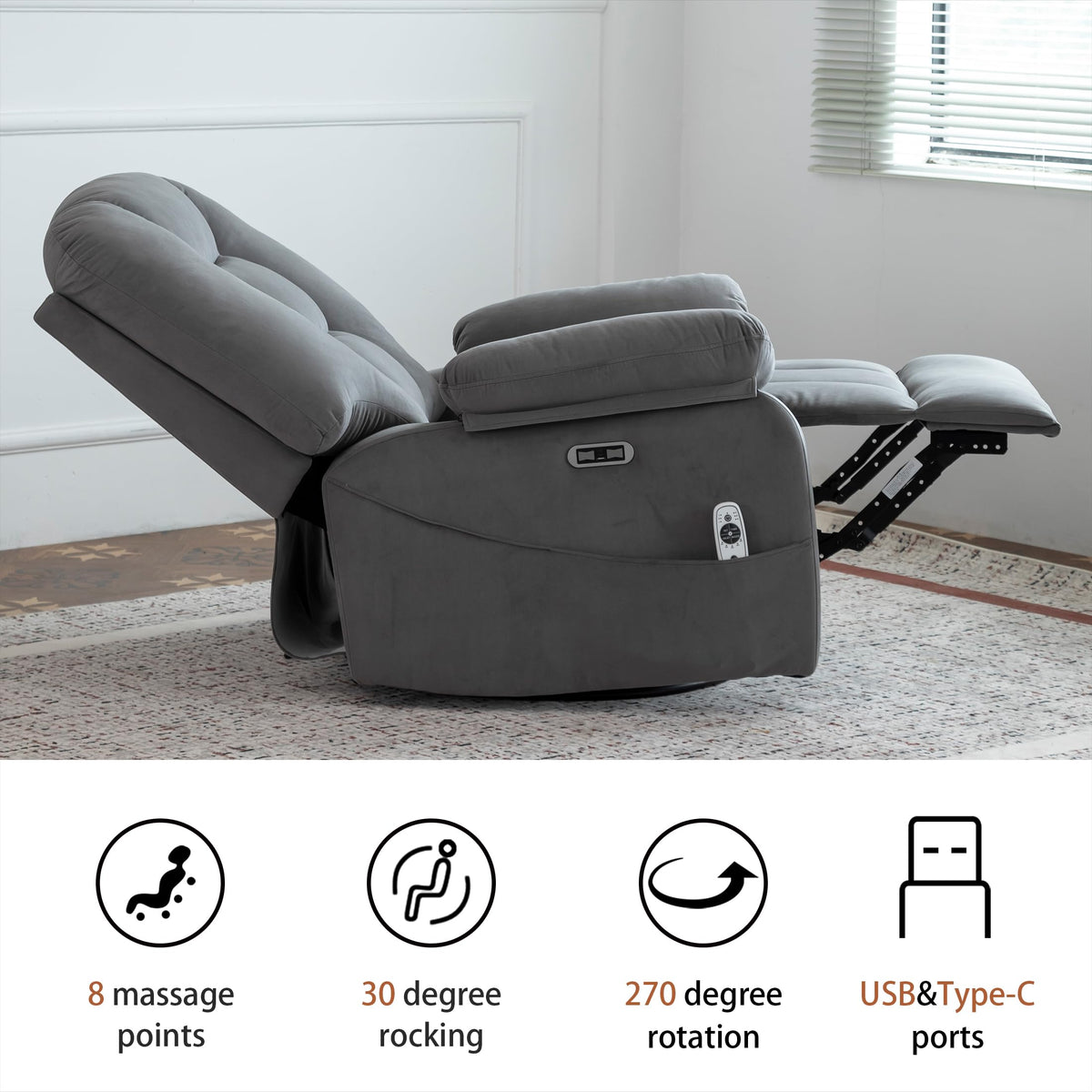 Velvet Grey Power Swivel Rocker Recliner with Massage and Heat C63667