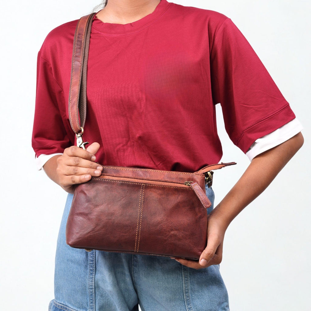 Small Genuine Leather Crossbody Bag with 3 Zipper Pockets Q177983