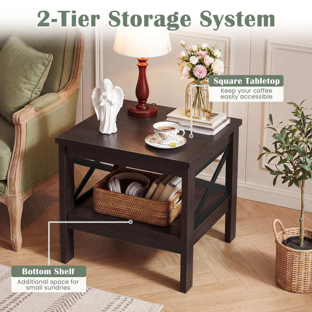 2-Tier Square End Table Set of 2 with Storage Shelf I888