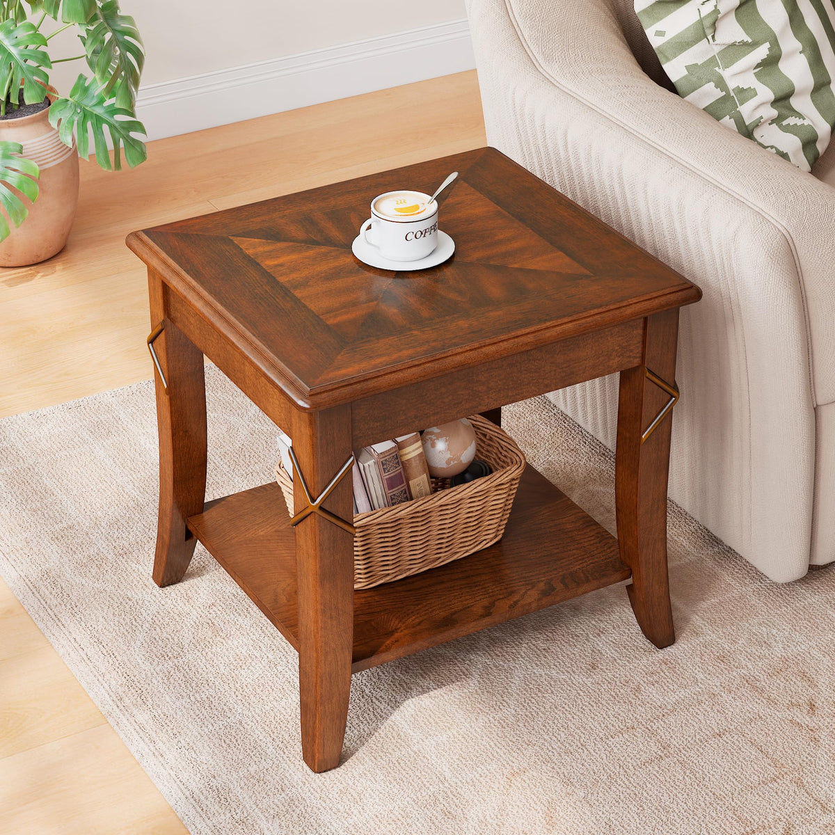 Wooden 2-Tier End Table with Shelf L5821