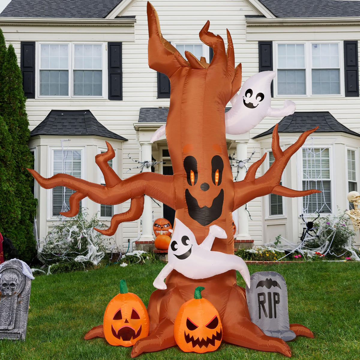8FT Halloween Inflatable Tree with Ghost Pumpkin and Tombstone O59276