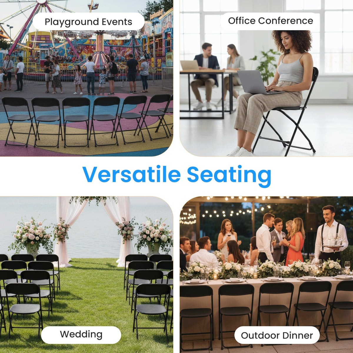 10 Pack Black Plastic Folding Chairs with Metal Frame A59024